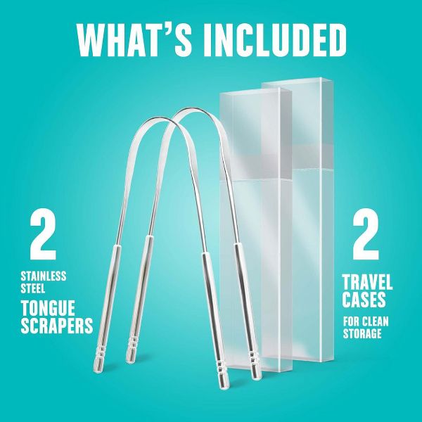 Maison Products: Tongue Scraper for Adults (2 Pack) with Travel Cases, Stainless Steel, Reduce Bad Breath, Easy to Use, Oral Care