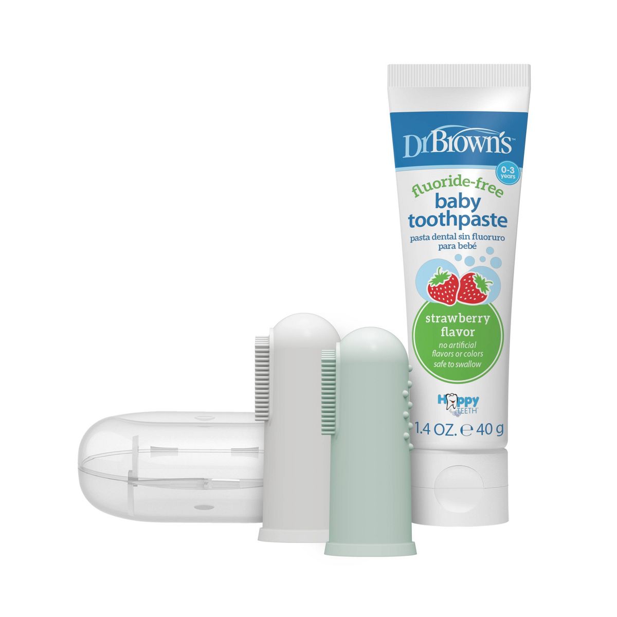 Dr. Brown's 100% Silicone Baby Finger Toothbrush and Fluoride-Free Strawberry Toothpaste Set with Storage Case - Gray & Green - 3pc