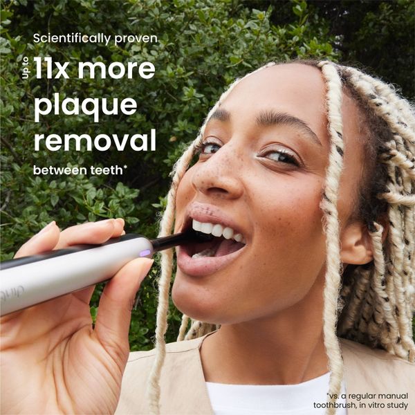 quip Rev Oscillating Rechargeable Electric Toothbrush with Timer Replaceable Brush Head Multiple Modes and Travel Case - White/Blue