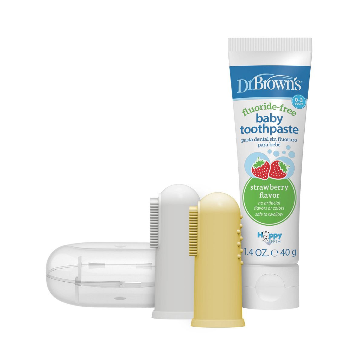 Dr. Brown's 100% Silicone Baby Finger Toothbrush and Fluoride-Free Strawberry Toothpaste Set with Storage Case - Gray & Green - 3pc