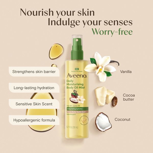 Aveeno Daily Moisturizing Body Oil Mist with Oat and Jojoba Oil - Hypoallergenic - Cocoa Butter Vanilla Scent - 6.7 fl oz