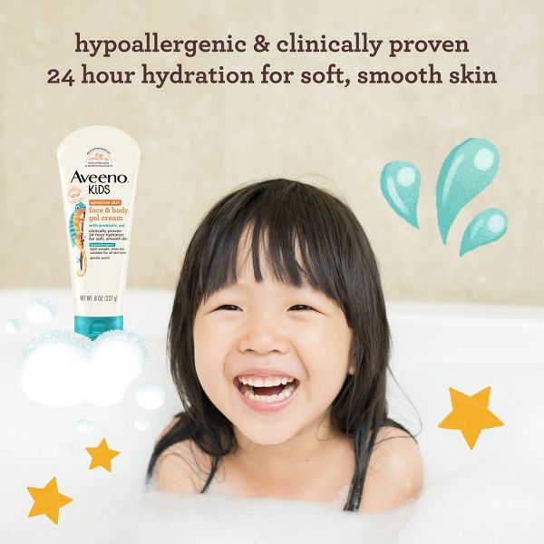 Aveeno Kids Sensitive Skin Face & Body Gel Cream, Clinically Proven 24 Hour Hydration, Lightweight - 8oz