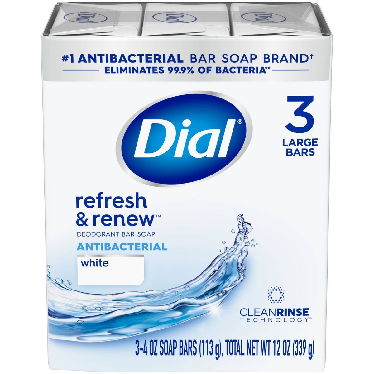 Dial Refresh & Renew White Deodorant Antibacterial Bar Soap - 4oz/12pk