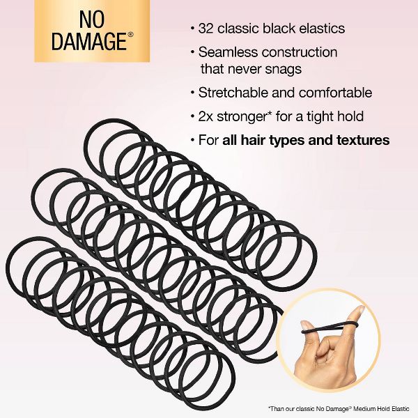 scünci No Damage 2X Stronger Elastic Hair Ties - Black - All Hair - 4mm - 32pcs
