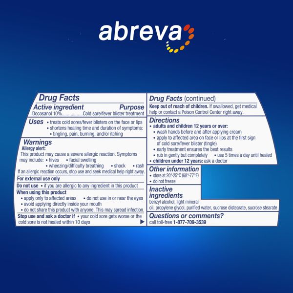 Abreva Docosanol 10% Cream Cold Sore/Fever Blister Treatment Pump - 0.07oz