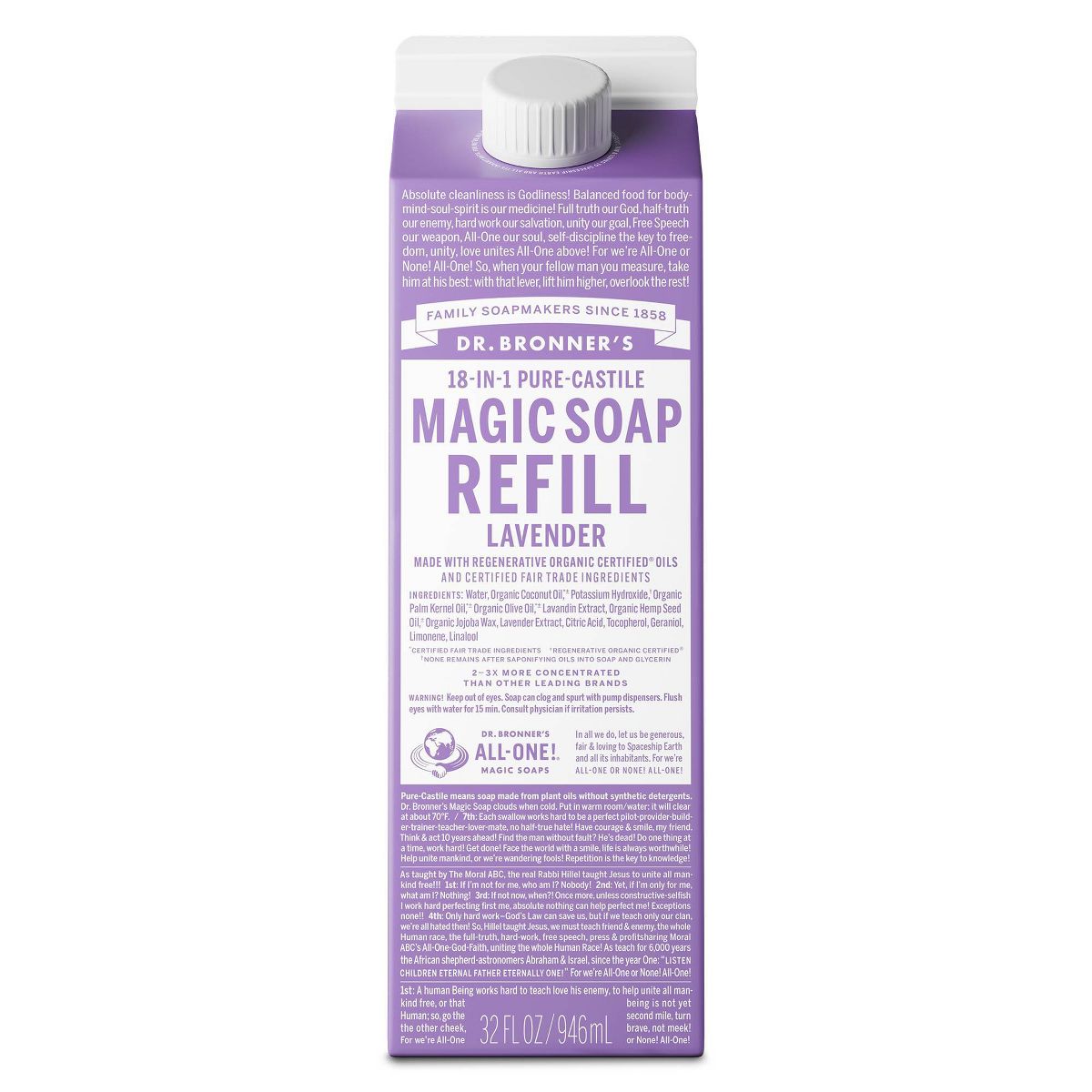 Dr. Bronner's Pure Castile Liquid Soap Bodywash Refill Carton - Lavender - 32 fl oz