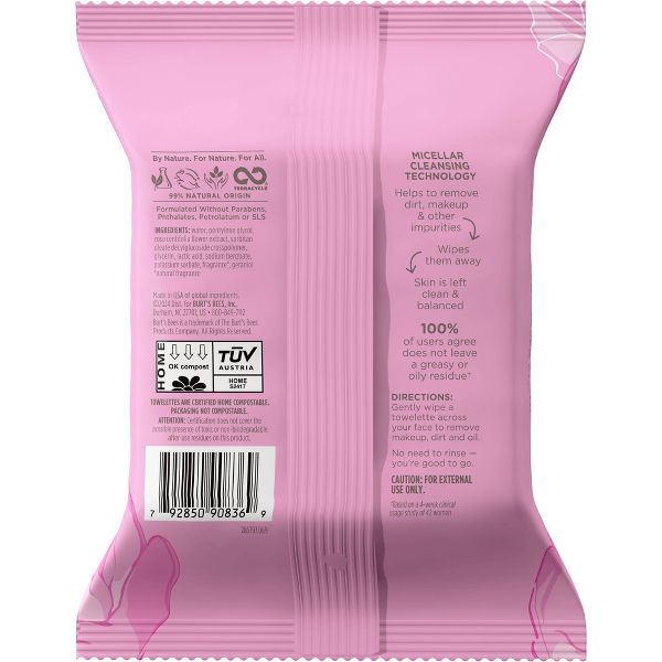 Burt's Bees Facial Cleansing Towelettes Micellar Makeup Remover Wipes - Rose - 30ct